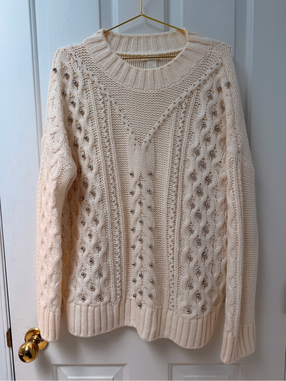 M H&M Oversized Cream Beaded Cable Knit Sweater - Women's